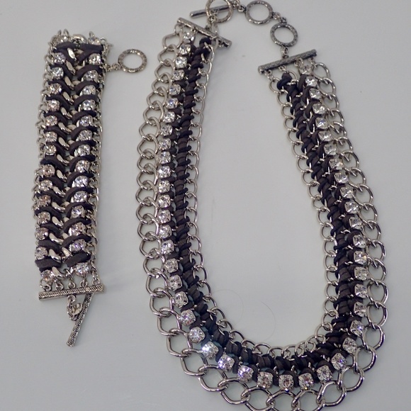 Vtg Black Leather Rhinestone Wide Silver Tone Necklace Bracelet Matching Set - Picture 6 of 12